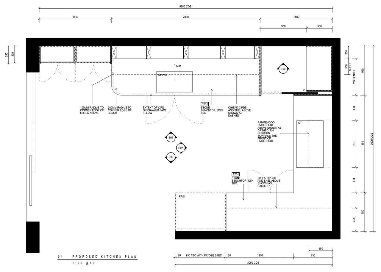 Proposed kitchen plan with the peninsula bench removed