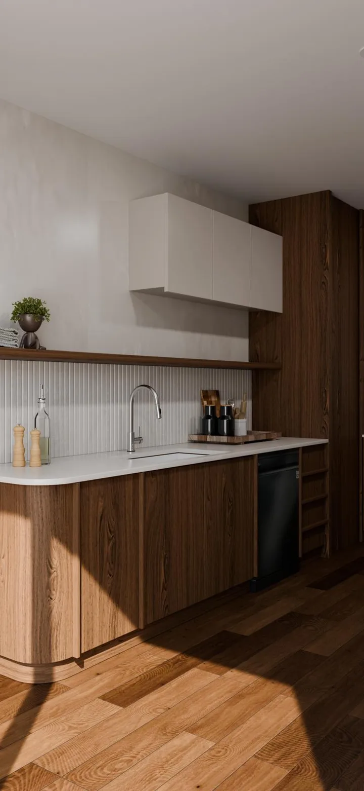 3D render of the sink run with a curved corner, open shelf and ribbed tile splashback