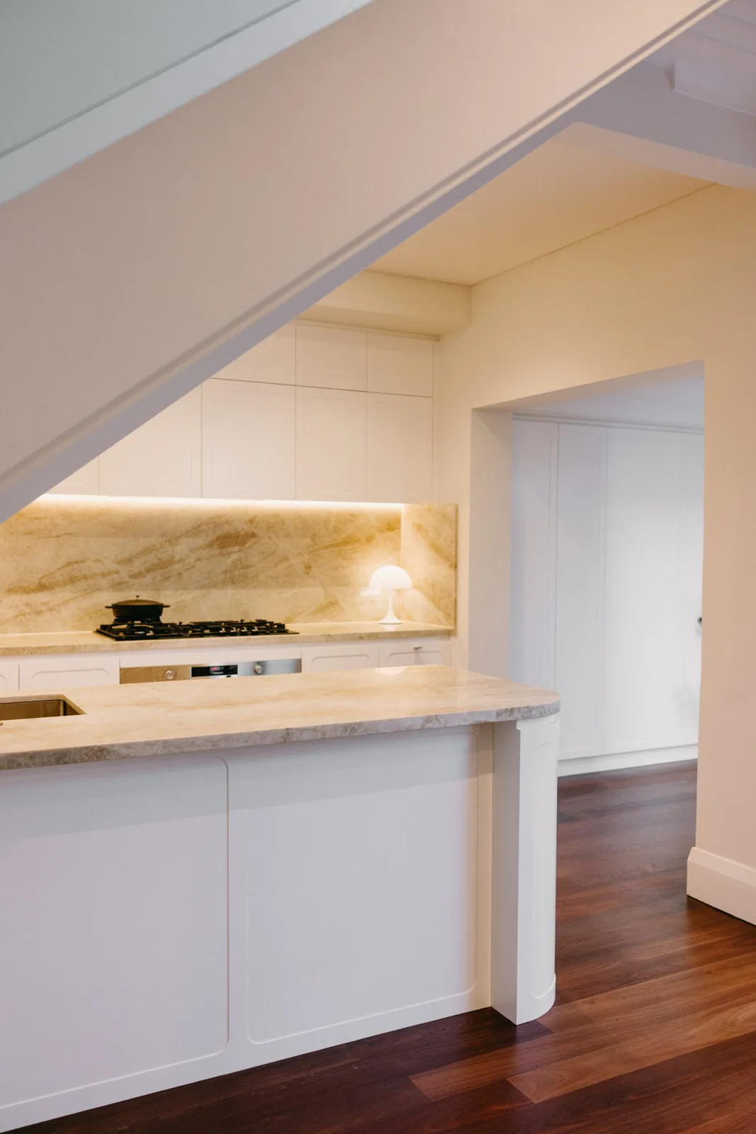 Curved-end peninsula after renovation